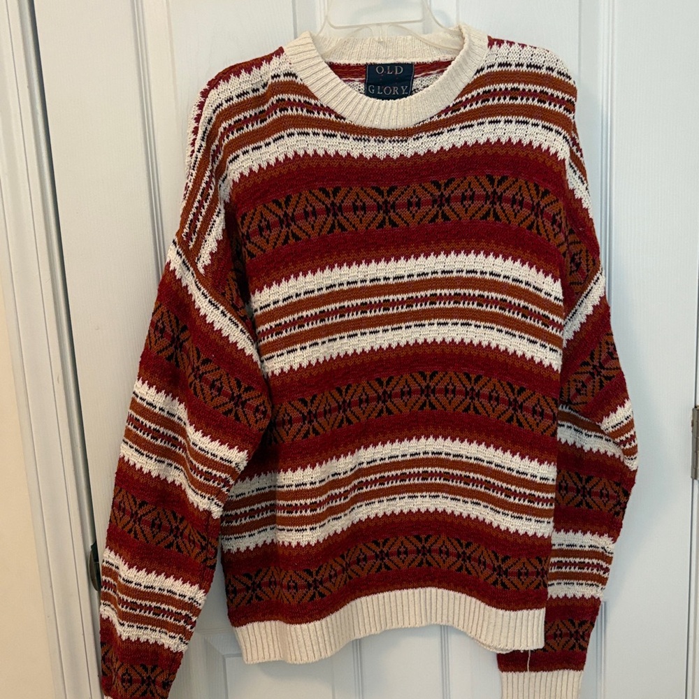 Old Glory Men's Striped Fall Colors and Cream Sweater-Men’s Sixe Large